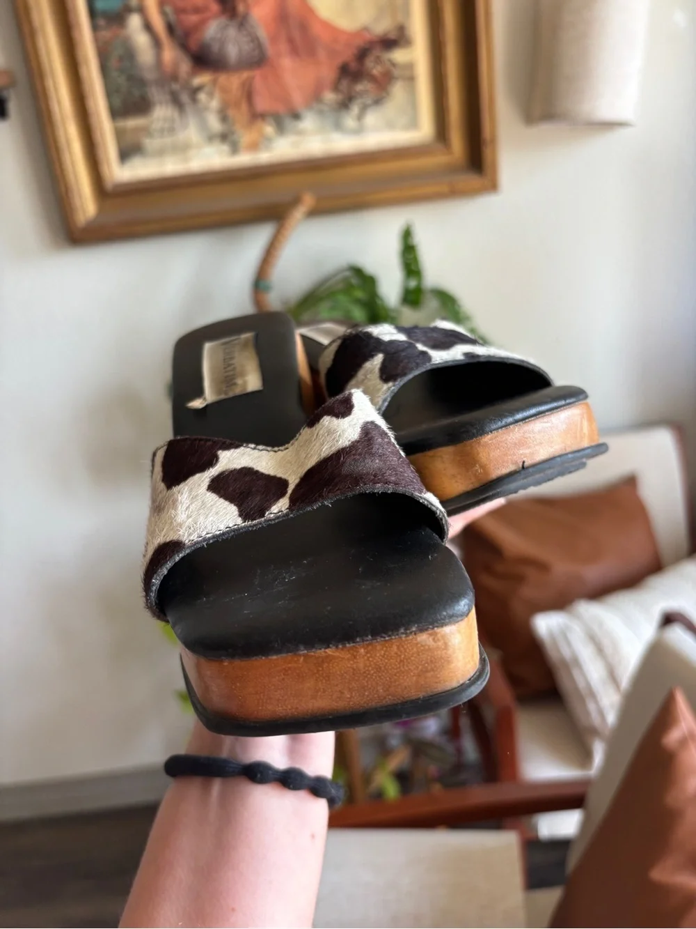Cowhide Slide Wedge Sandal - Black & Brown